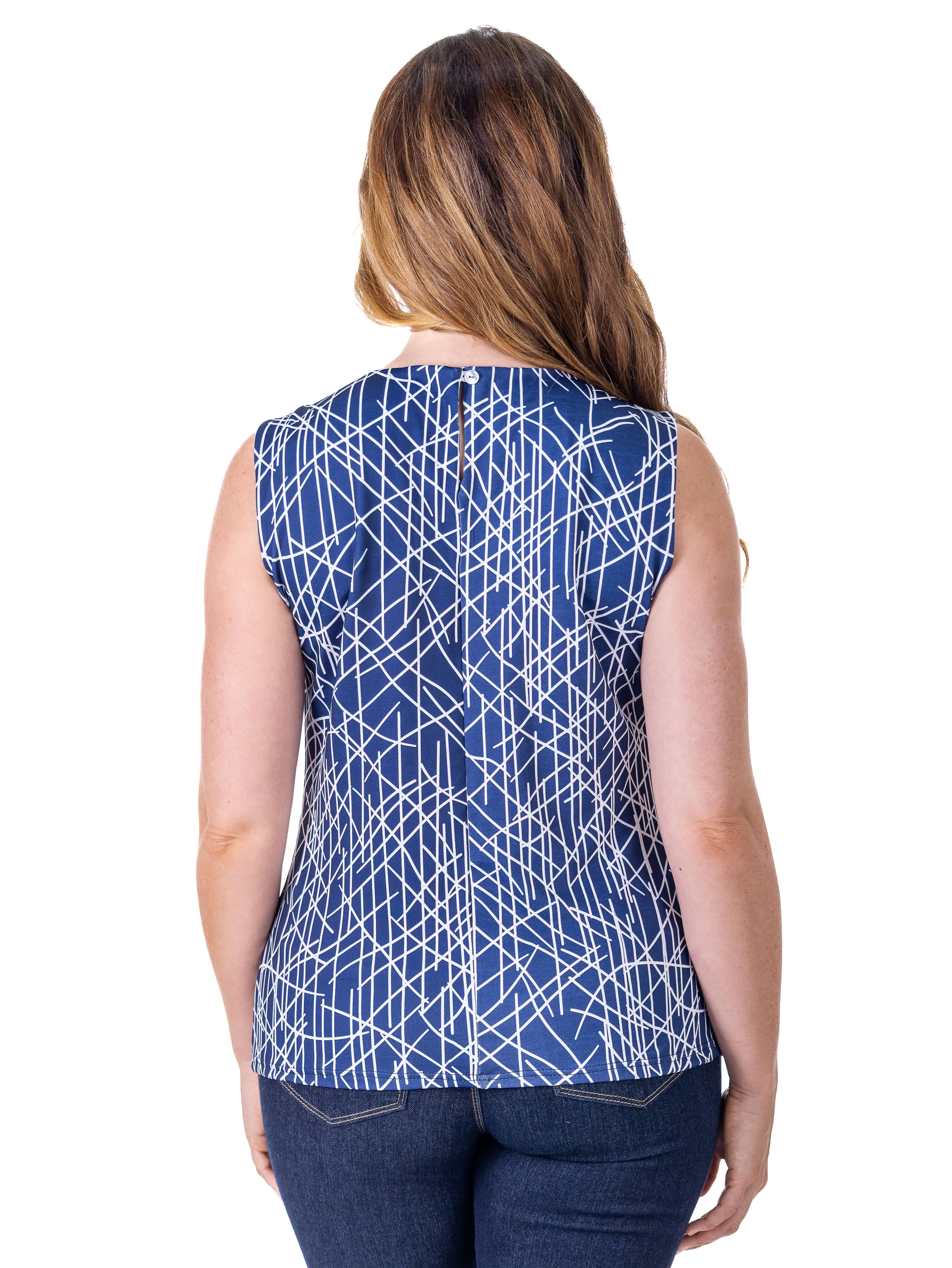 Womens Navy Print Pleated Crew Neckline Back Closure Sleeveless Top