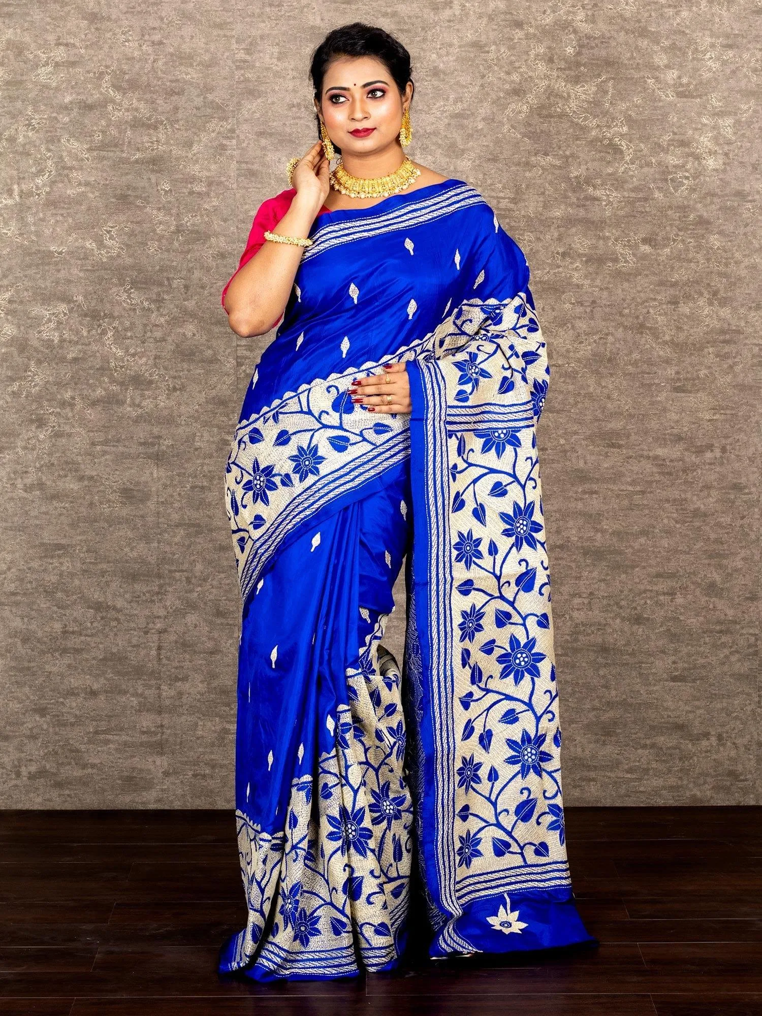 Wonderful Royal Blue Reverse Kantha Stitch Bangalore Silk Saree