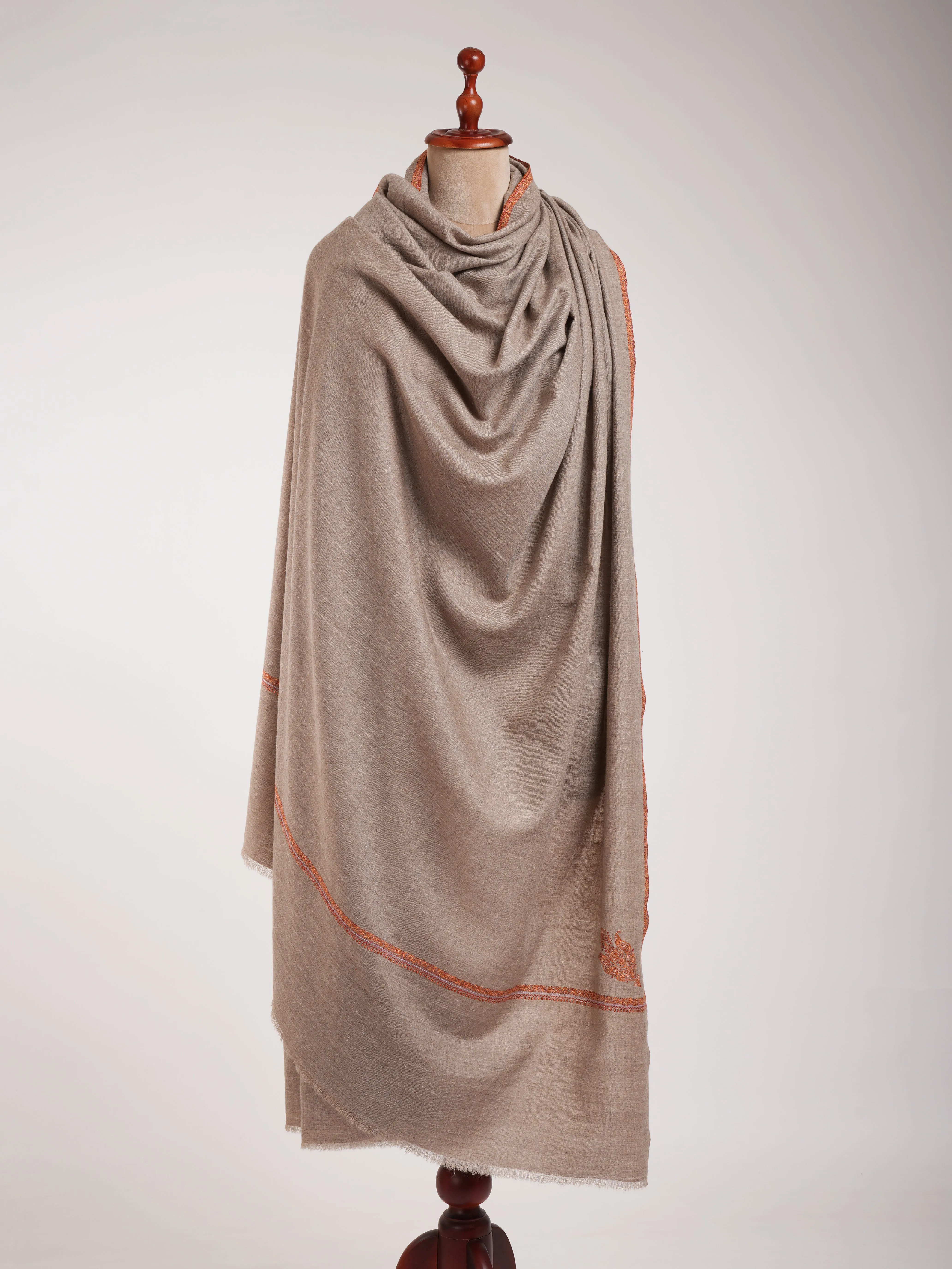 XL Natural Grey Sozni Embroidered Pure Pashmina Shawl