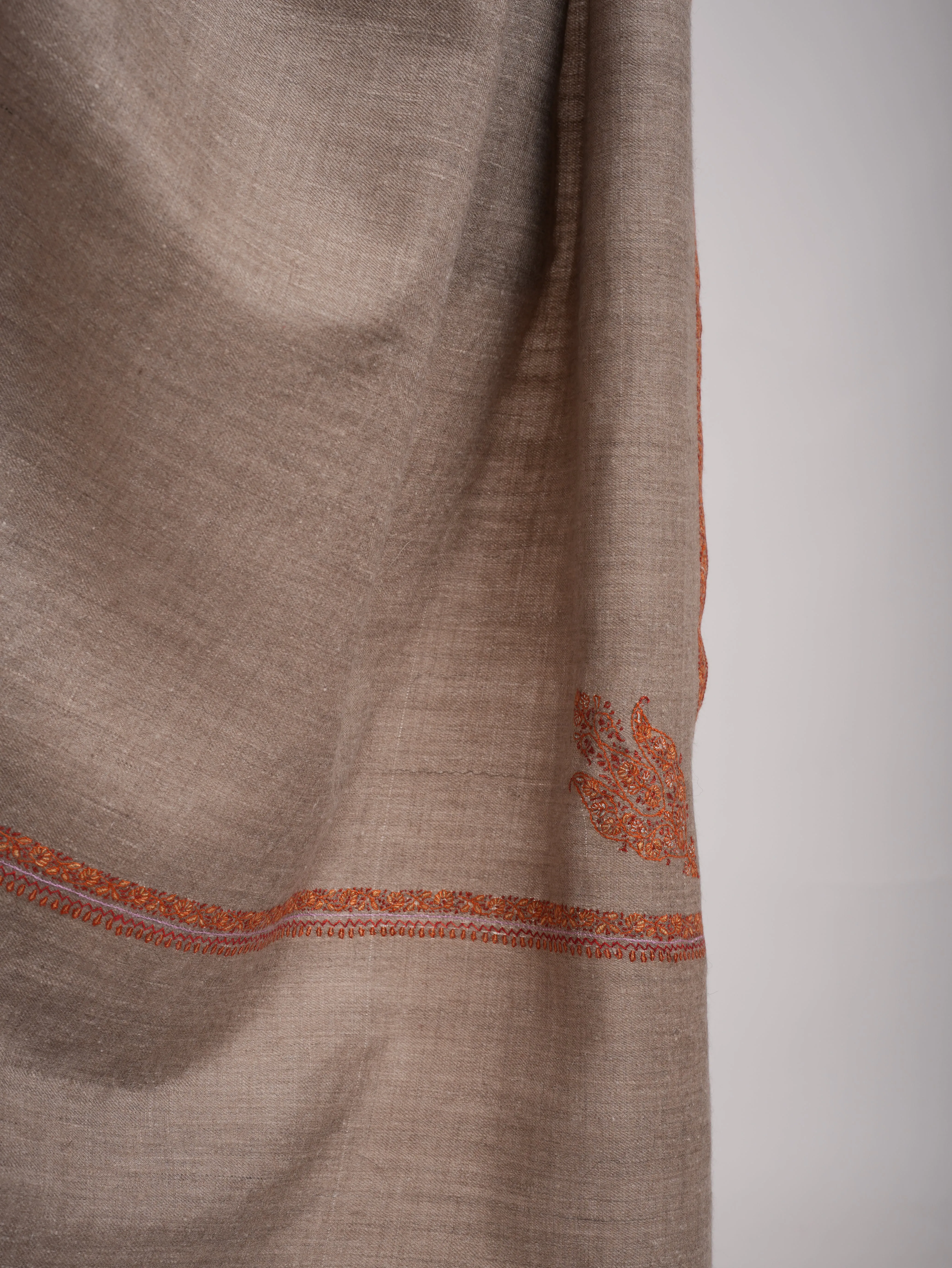 XL Natural Grey Sozni Embroidered Pure Pashmina Shawl