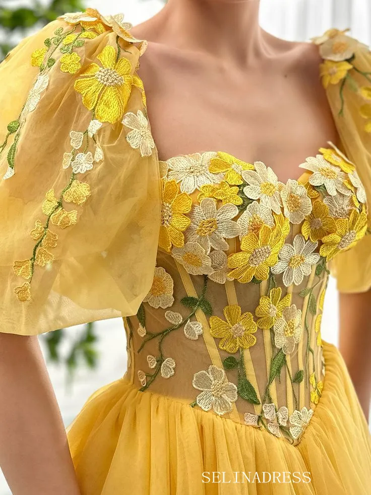 Yellow Floral Homecoming Dress With Short Sleeve Tulle Short Prom Dress EWR404