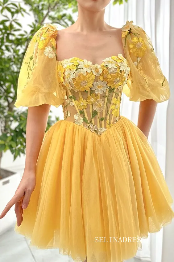 Yellow Floral Homecoming Dress With Short Sleeve Tulle Short Prom Dress EWR404