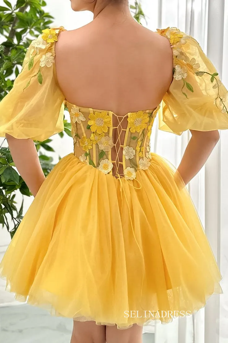 Yellow Floral Homecoming Dress With Short Sleeve Tulle Short Prom Dress EWR404