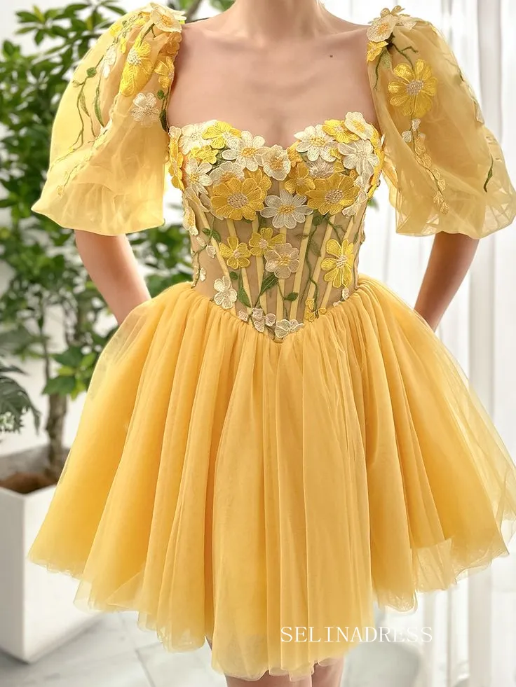 Yellow Floral Homecoming Dress With Short Sleeve Tulle Short Prom Dress EWR404