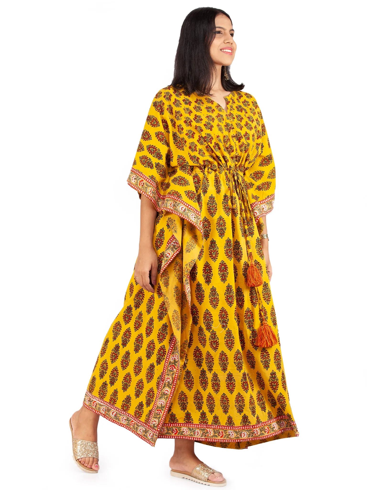 Yellow Red Green Ajrakh Hand Block Printed Kaftan - K150F1579