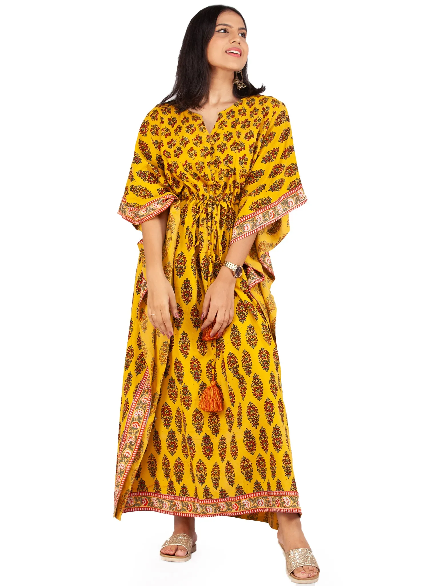 Yellow Red Green Ajrakh Hand Block Printed Kaftan - K150F1579