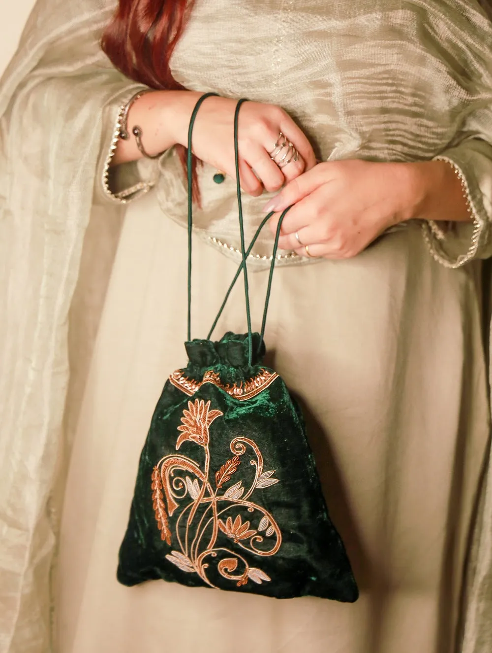 Zardozi and Resham Embroidered Evening Potli Bag - Green Floral