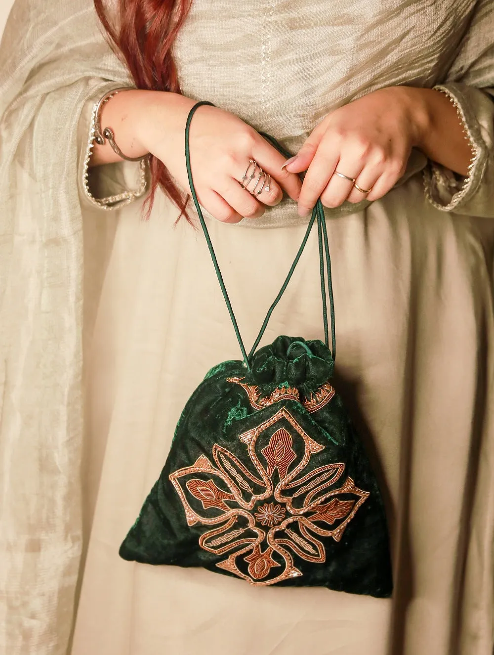 Zardozi and Resham Embroidered Evening Potli Bag - Green Ornate